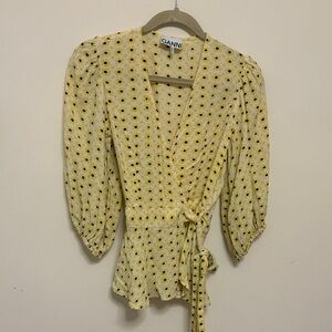 Ganni wrap tie-front daisy yellow scandi Copenhagen size34 floral whimsical